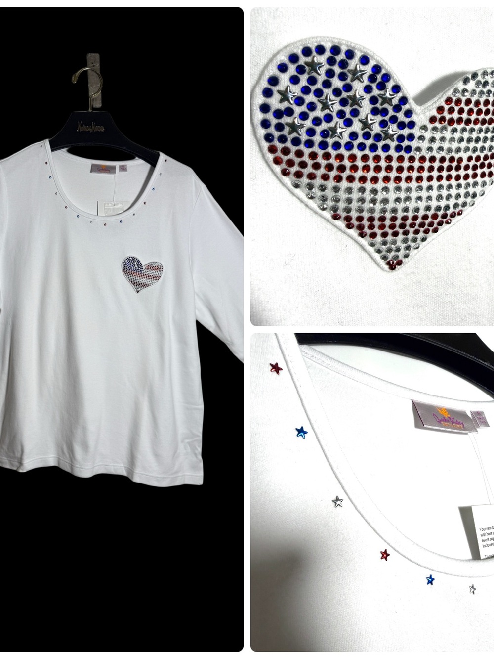 Quacker Factory White 3/4 Long Sleeve Tee with Sequin American Flag Heart